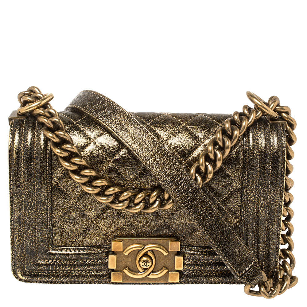 Chanel Gold Quilted Crackled Leather Small Boy Flap Bag