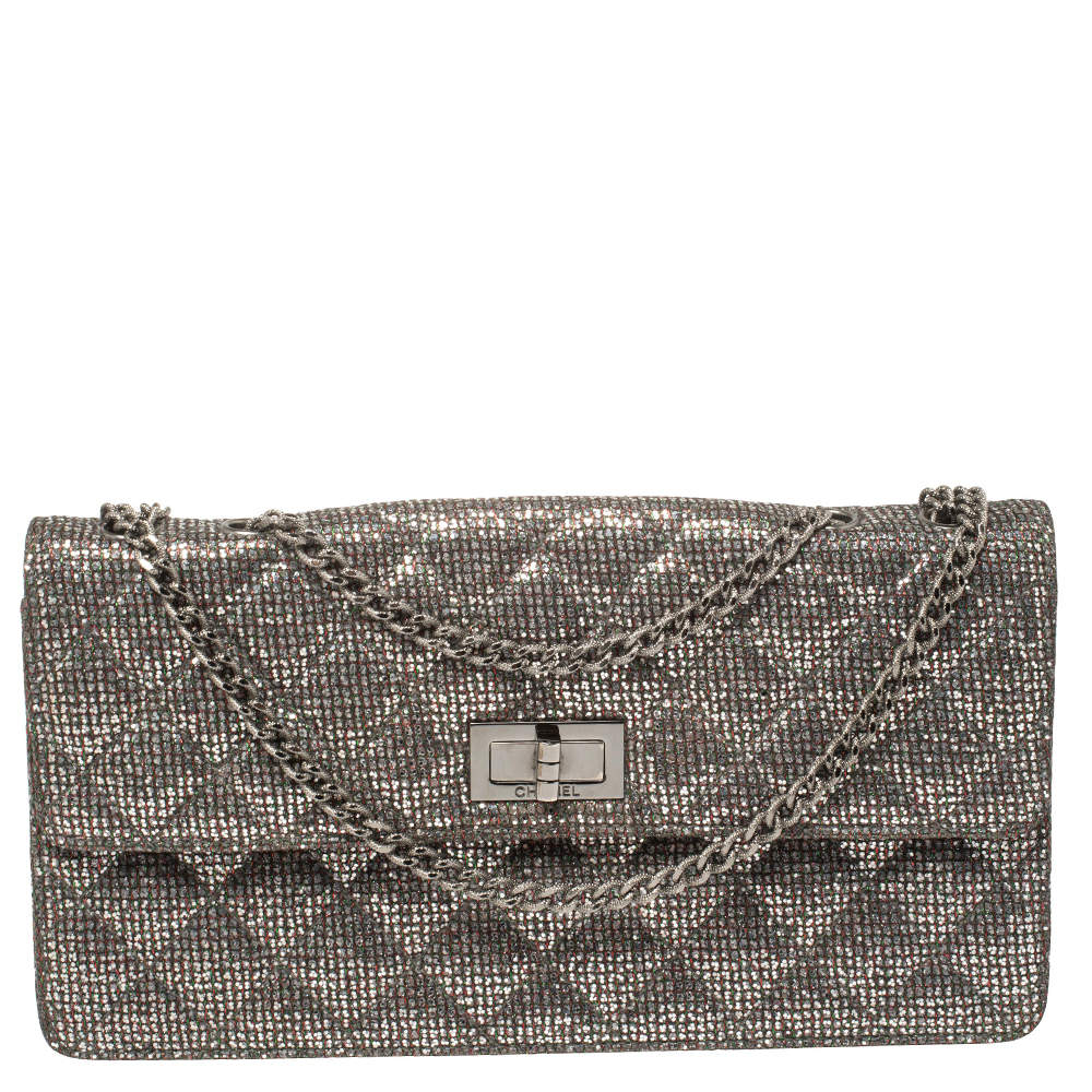 Pre Owned Chanel Silver Quilted Glitter Leather Reissue Flap Bag