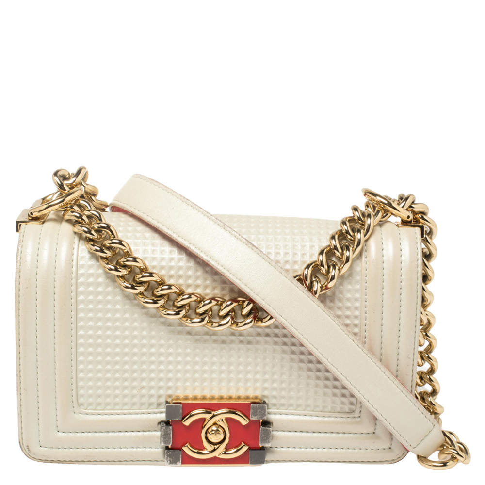 Pre Owned Chanel White Cube Embossed Shimmer Leather Small Chain Boy Flap Bag