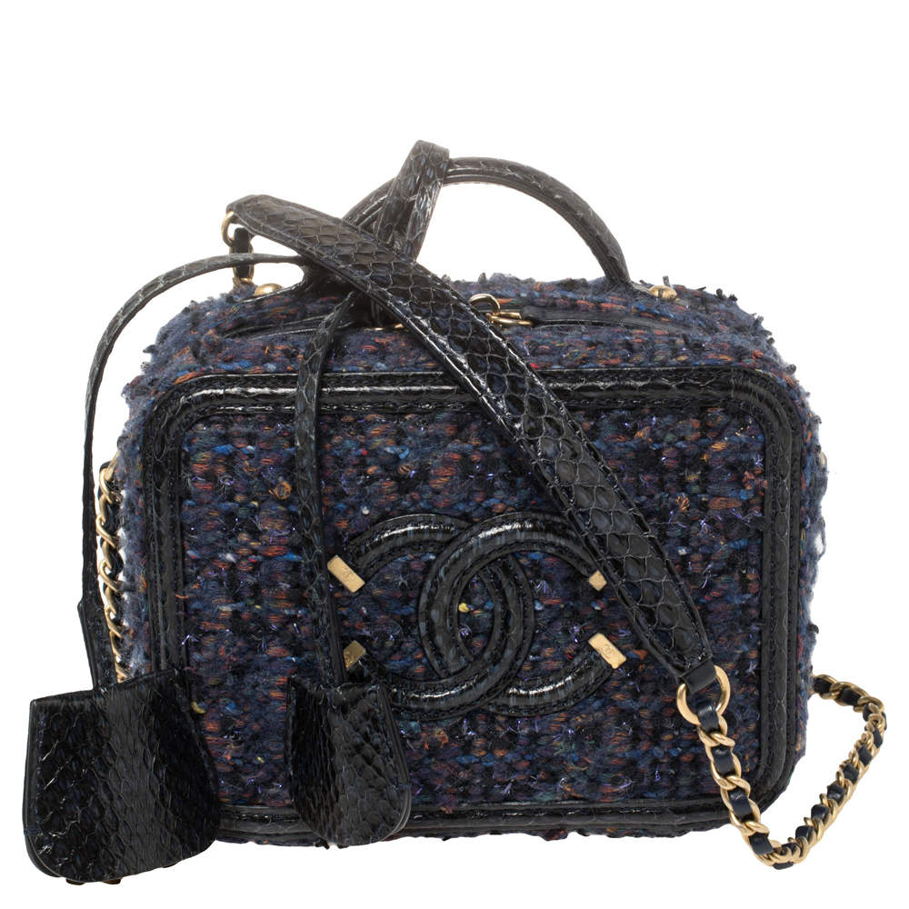 Chanel Filigree Vanity Case Quilted Tweed with Snakeskin Small Blue 856145