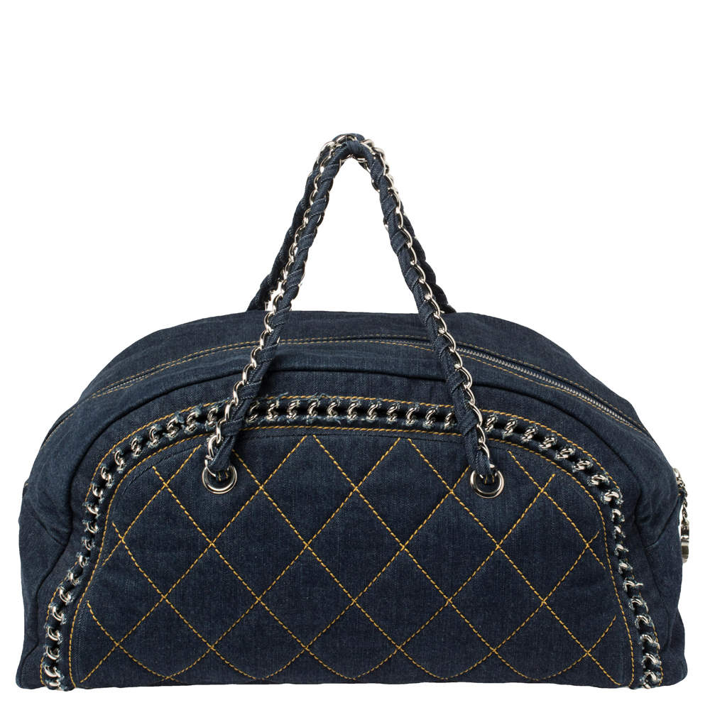 Chanel Navy Blue Denim Large Chain Trim Luxe Ligne Bowler Bag