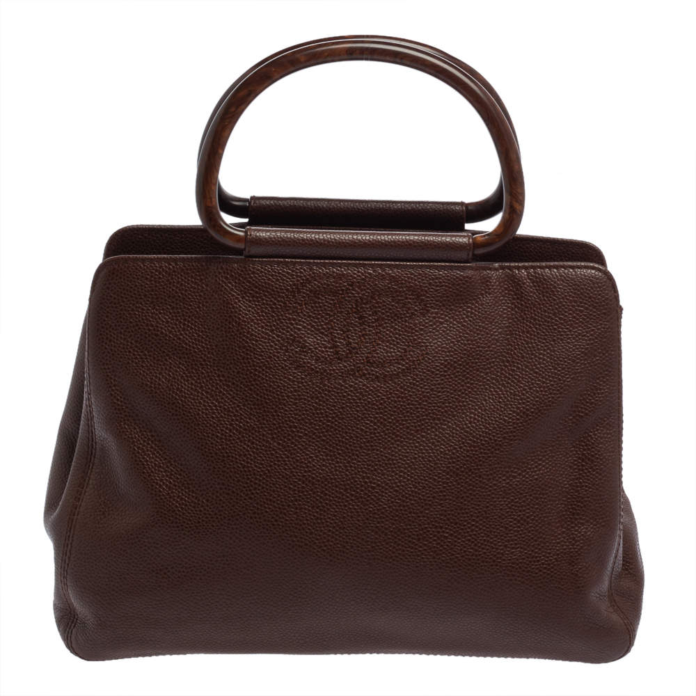 Pre Owned Chanel Brown Caviar Leather Vintage Wooden Handle Tote
