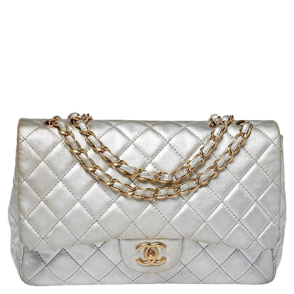 Pre Owned Chanel Silver Quilted Leather Jumbo Classic Single Flap Bag