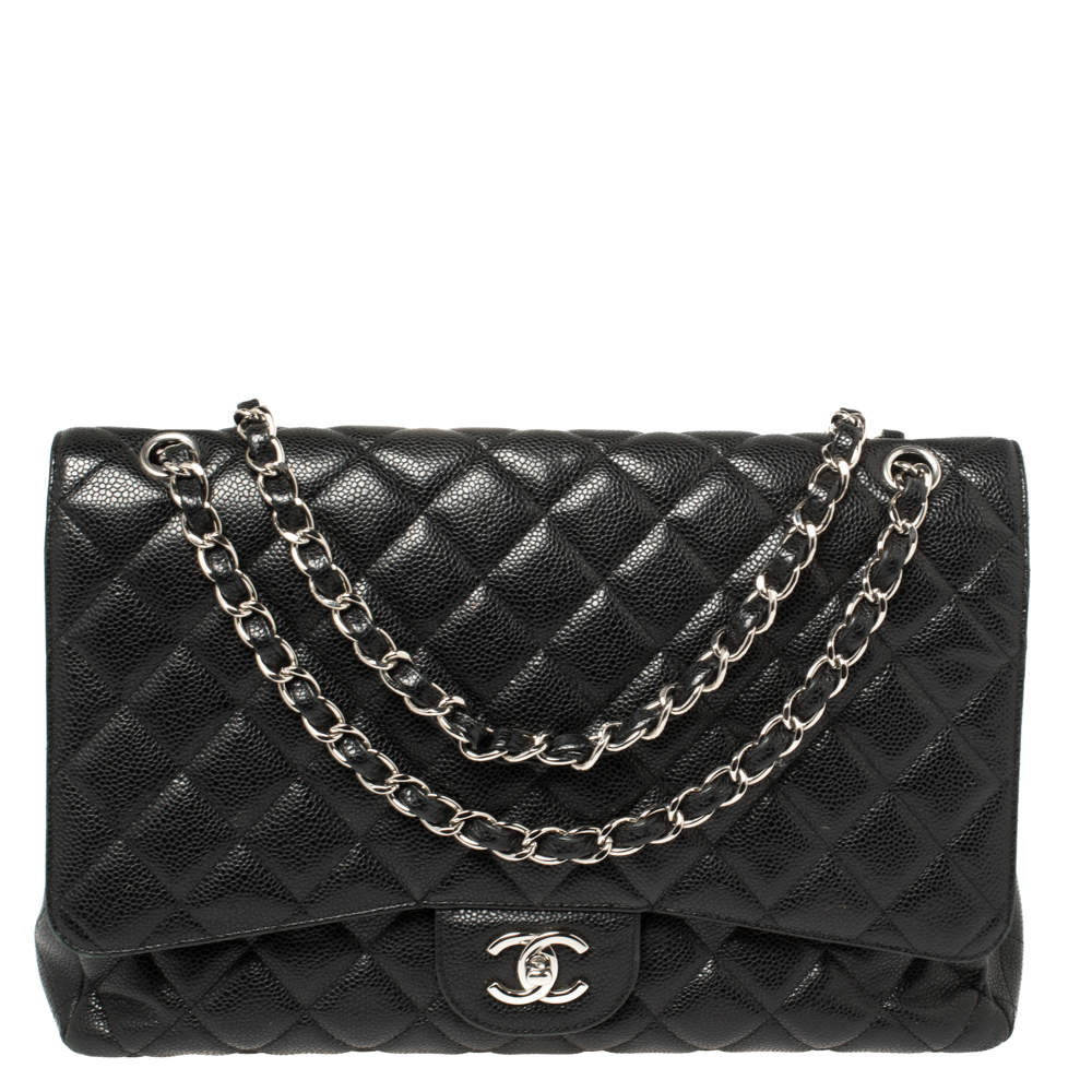مملوكة مسبقًا حقيبة شانيل ماكسي كلاسيك جلد كافيار أسود مبطن بقلاب واحد