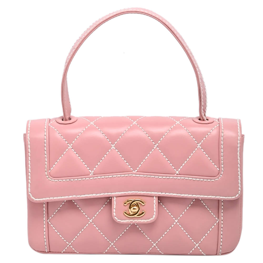 Pre Owned Chanel Pink Wild Stitch Leather Small Flap Top Handle Bag