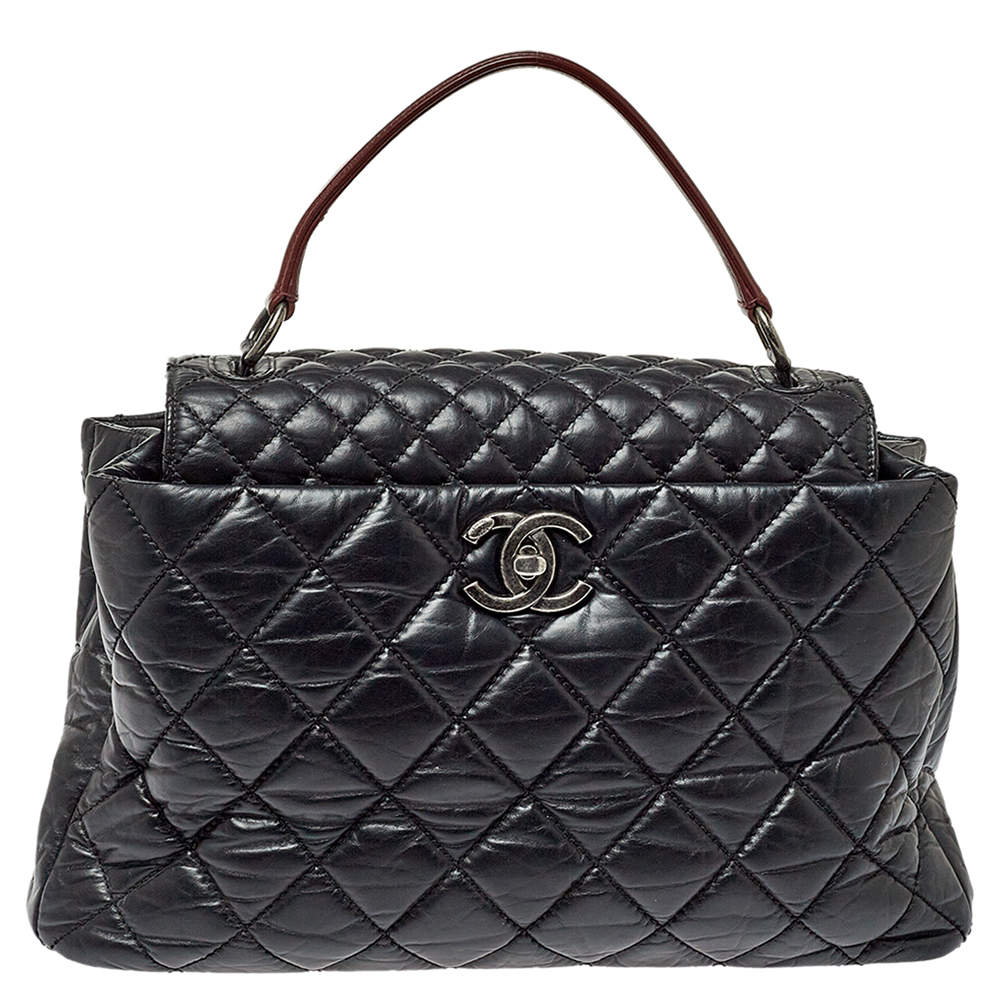 Pre Owned Chanel Black/Red Quilted Aged Leather Large Portobello Top Handle Bag