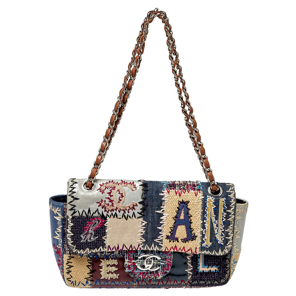 Pre Owned Chanel Multicolor Patchwork Leather and Fabric Medium Flap Bag