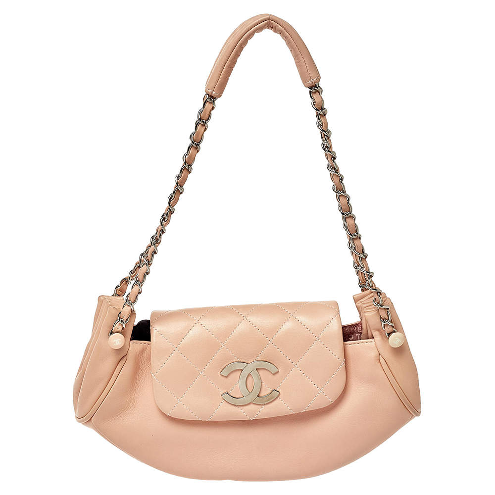 Pre Owned Chanel Peach Leather Accordion Flap Hobo
