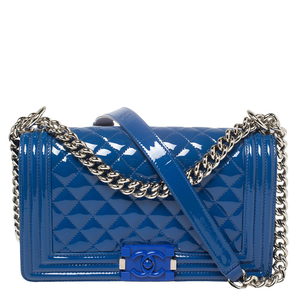 Pre Owned Chanel Blue Quilted Patent Leather Medium Plexiglass Boy Flap Bag