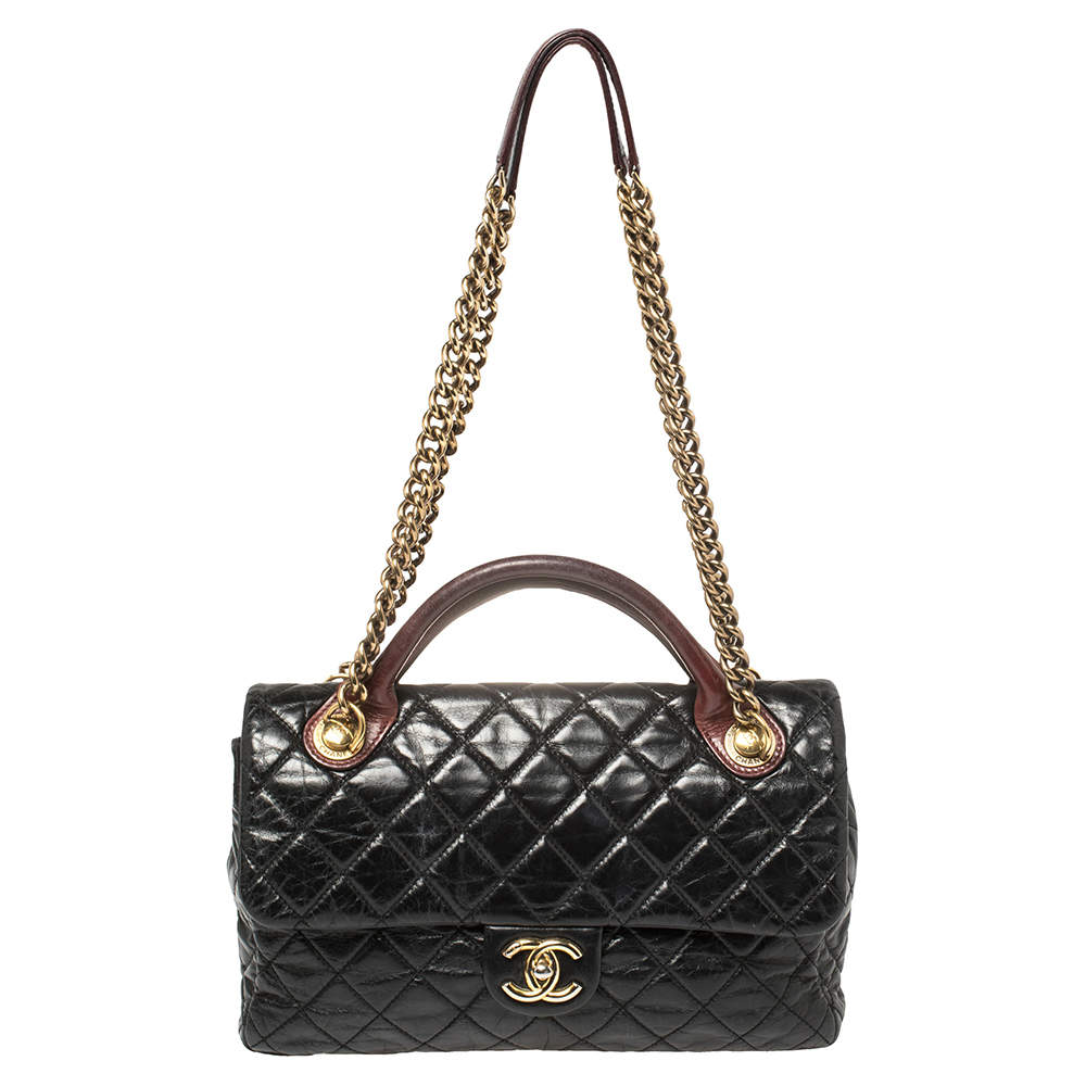 Pre Owned Chanel Black/Burgundy Quilted Glazed Leather Medium Castle Rock Top Handle Bag