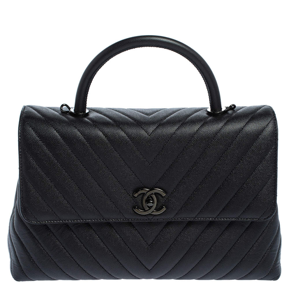 Pre Owned Chanel Black Chevron Leather Large Coco Top Handle Bag