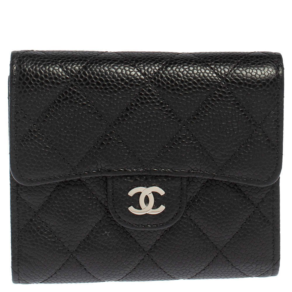 Pre Owned Chanel Black Caviar Quilted Leather Trifold Flap Wallet