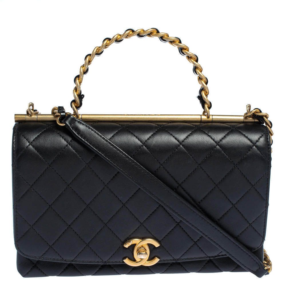 Pre Owned Chanel Black Quilted Leather Small Flap Chain Top Handle Bag 