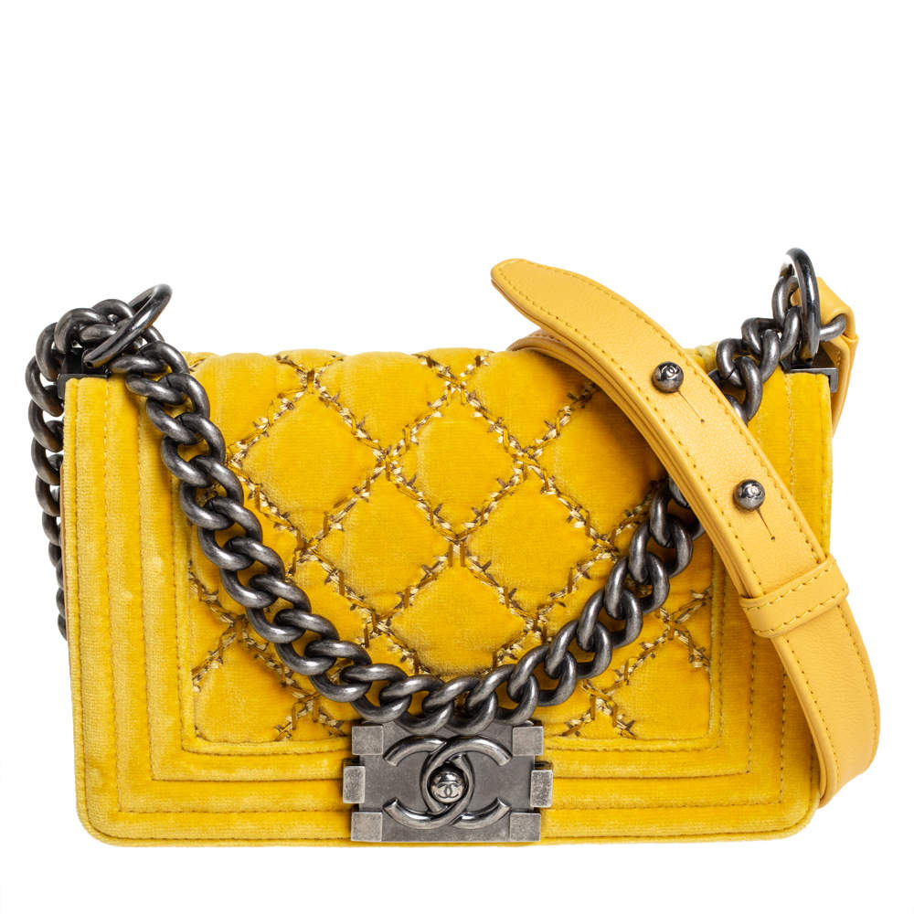 Pre Owned Chanel Yellow Quilted Velvet Small Boy Flap Bag