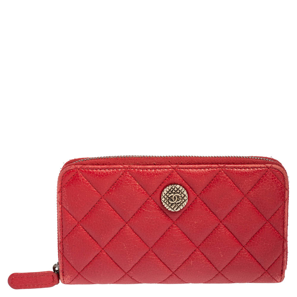 Chanel Red Quilted Leather CC Zip Around Wallet