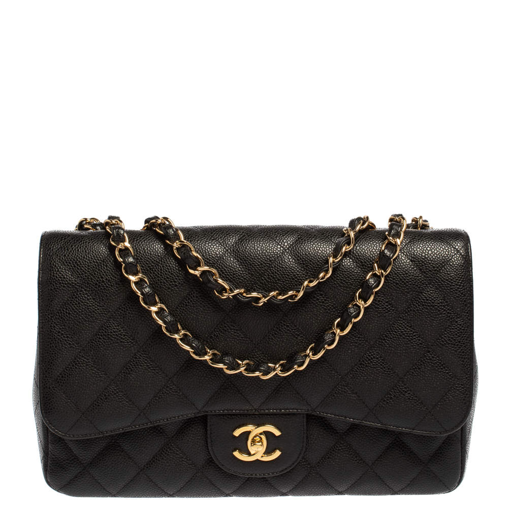مملوكة مسبقًا Chanel Black Quilted Caviar Leather Jumbo Classic Single Flap Bag