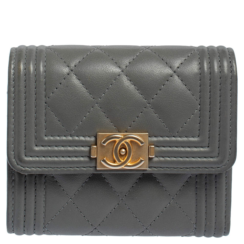 Chanel Grey Quilted Caviar Leather Boy O-Card Holder Wallet