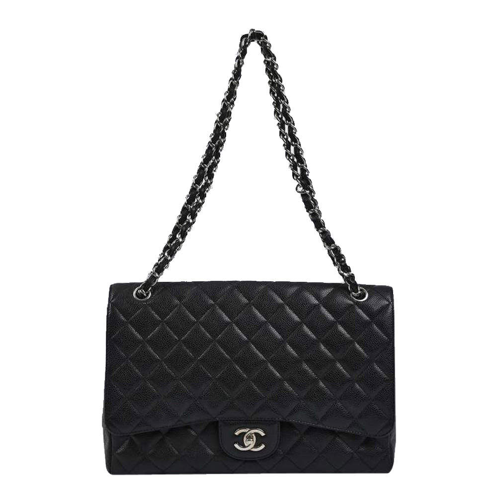 Pre Owned Chanel Black Quilted Caviar Leather Maxi Classic Flap Bag