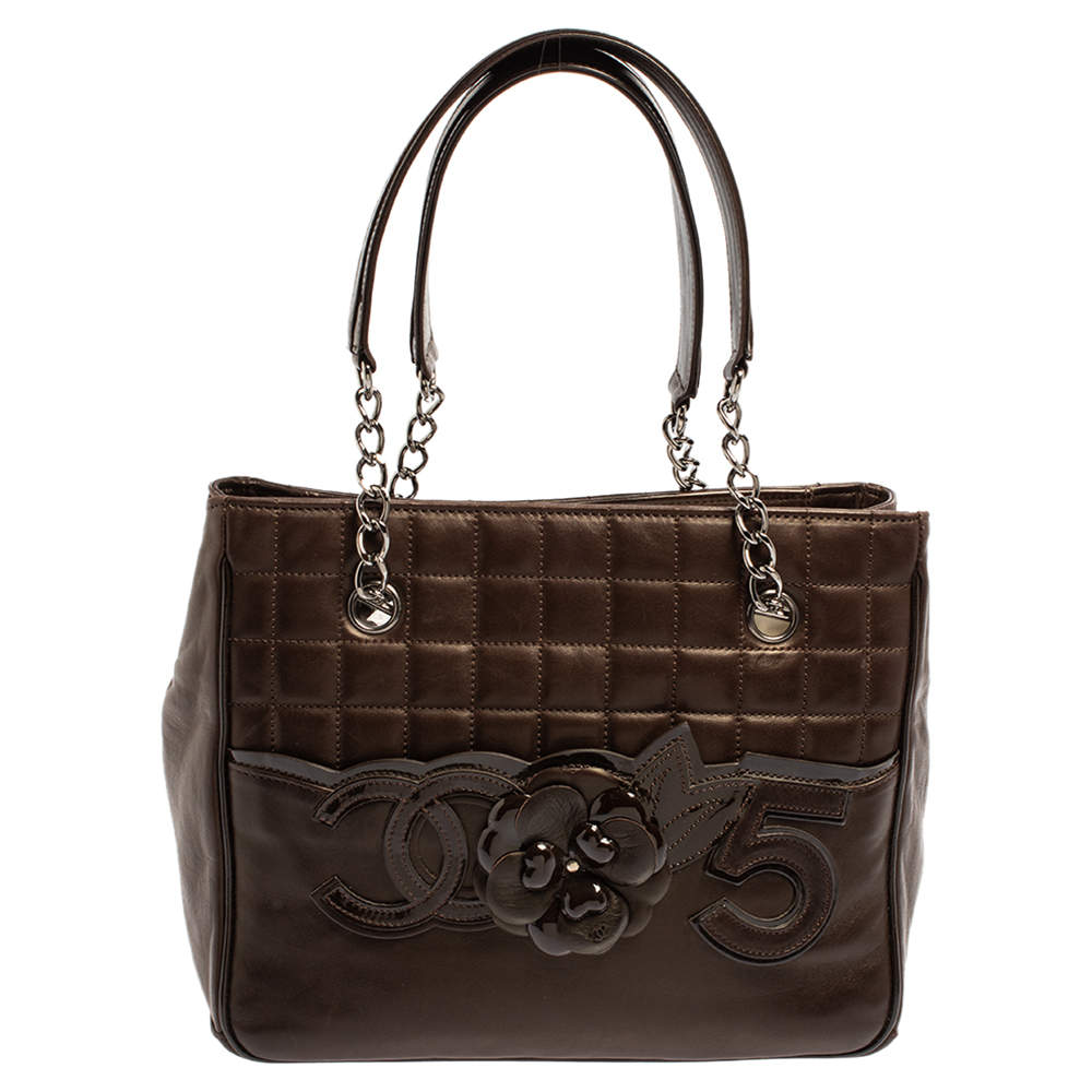 Chanel Brown Leather Chocolate Bar Camellia No. 5 Tote