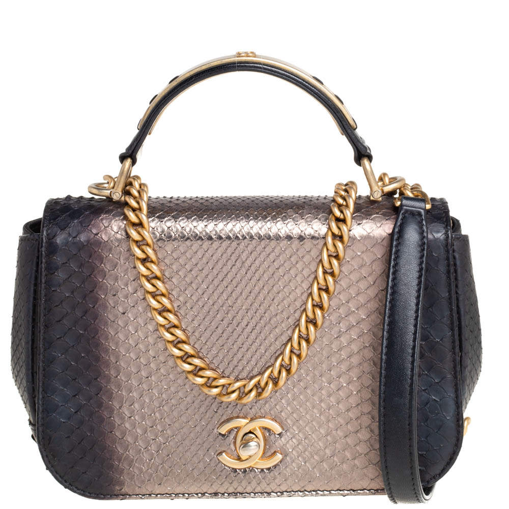 Pre Owned Chanel Metallic Black/Gold Python CC Top Handle Bag