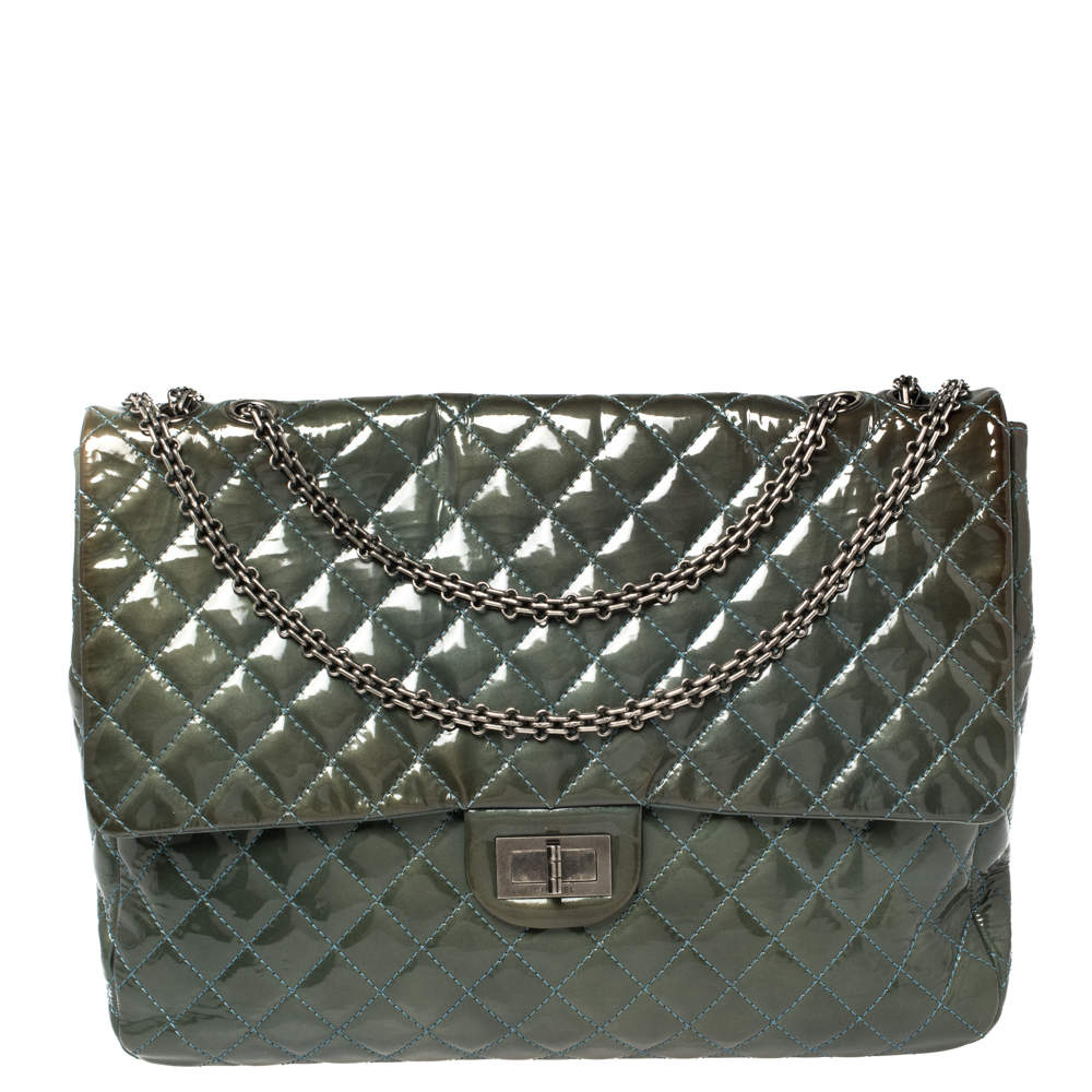 Pre Owned Chanel Teal Blue Quilted Patent Leather XL Maxi Reissue Flap Bag