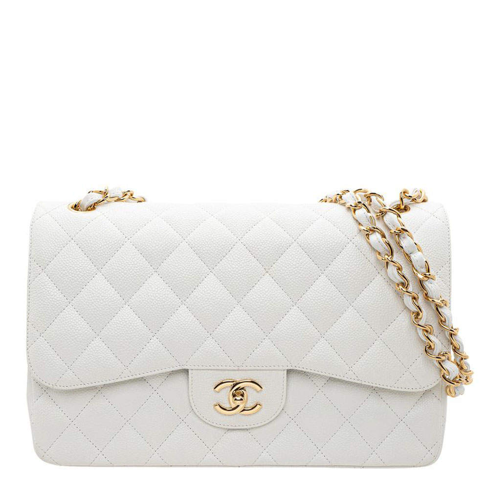 مملوكة مسبقًا Chanel White Quilted Caviar Leather Classic Jumbo Double Flap Bag