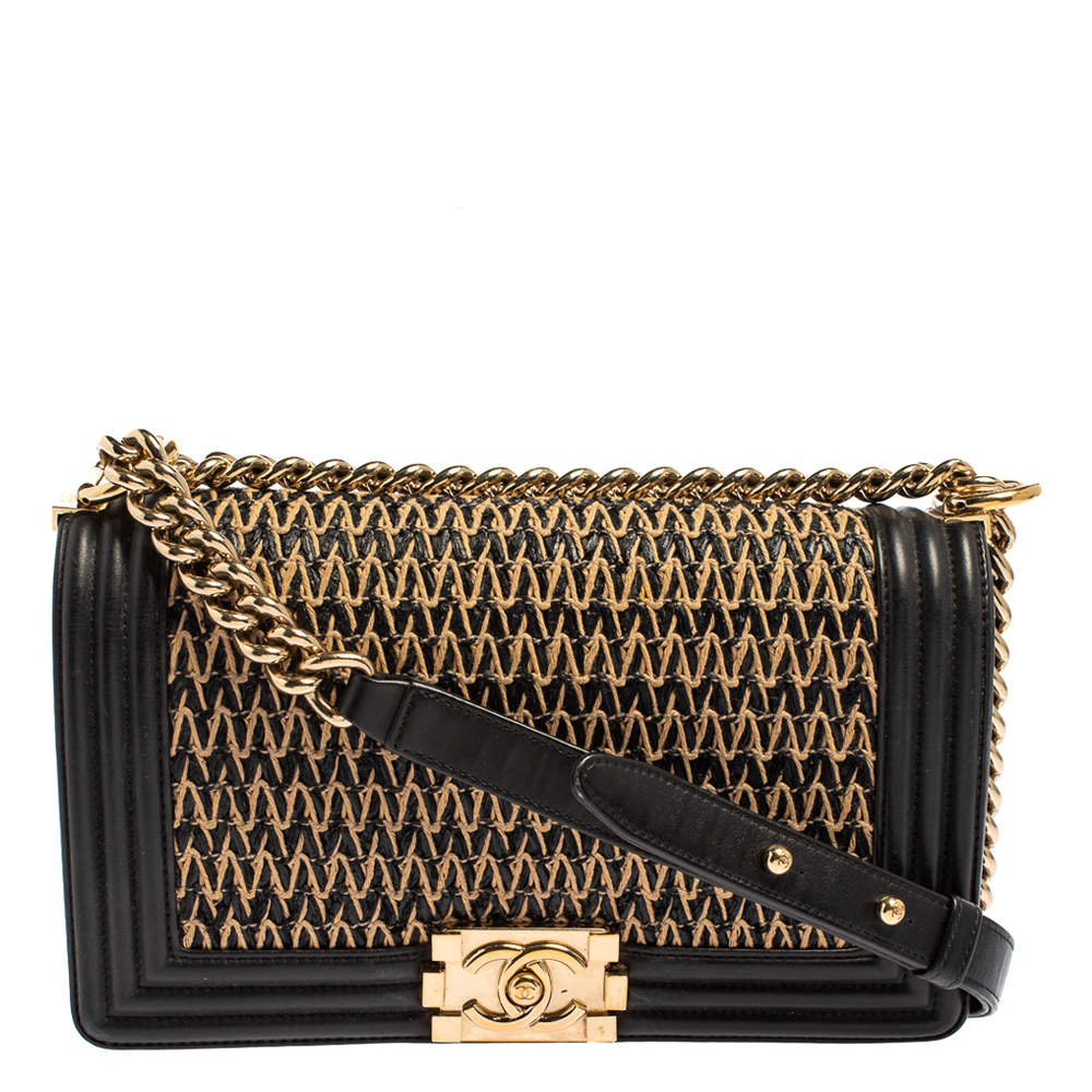 Chanel Black/Beige Quilted Leather and Raffia Medium Boy Flap Bag ...