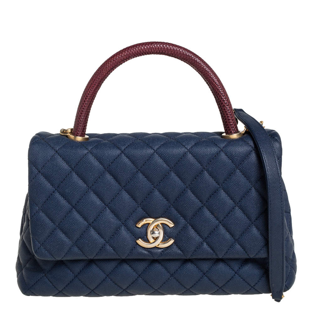 Chanel Coco Top Handle Bag Quilted Caviar with Lizard Mini Blue 1724411