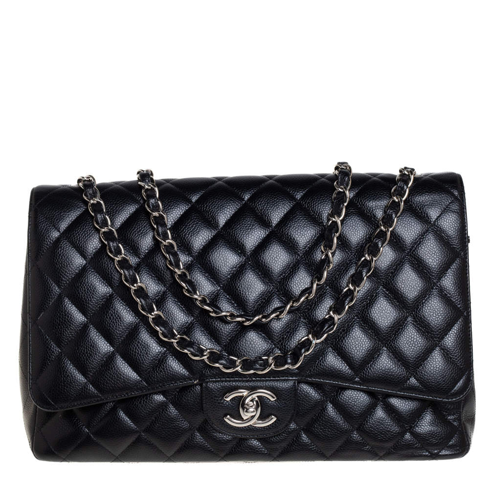 Pre Owned Chanel Black Quilted Caviar Leather Maxi Classic Double Flap Bag