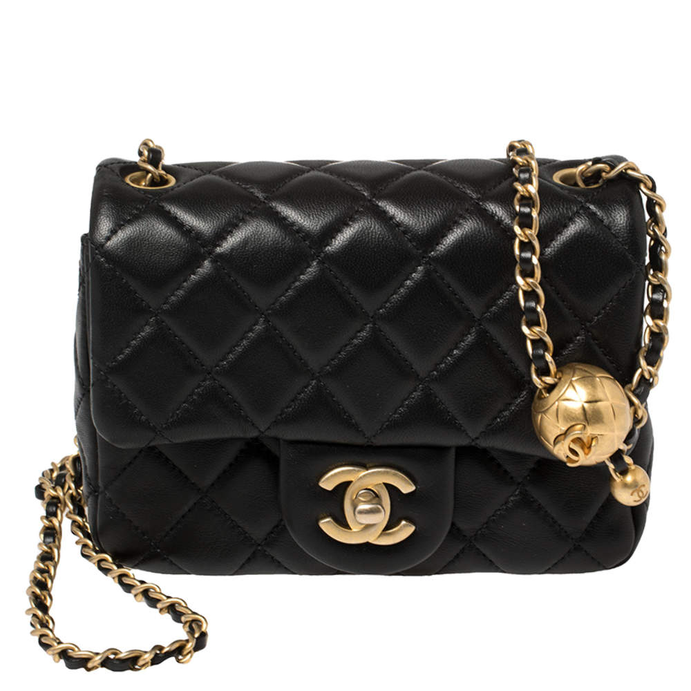 Chanel Black Quilted Leather Mini Square Charm Strap Flap Bag Chanel