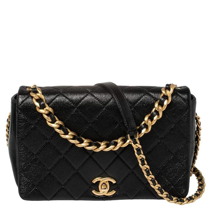 Pre Owned Chanel Black Glazed Leather Chain Handle Flap Bag