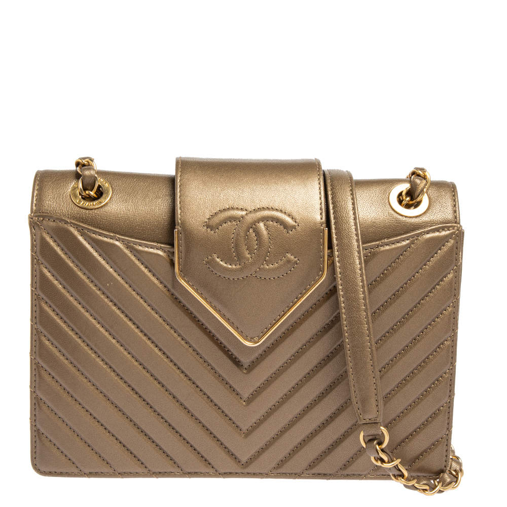 Pre Owned Chanel Metallic Brown Chevron Collar and Tie Flap Bag