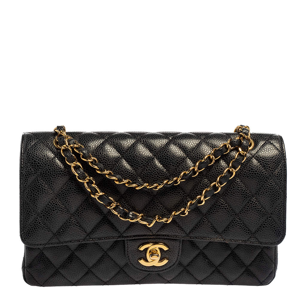 Pre Owned Chanel Black Quilted Caviar Leather Medium Classic Double Flap Bag