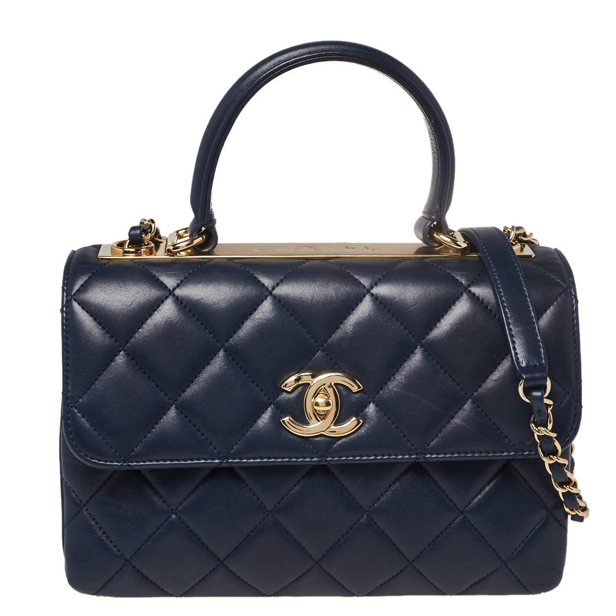Chanel Navy Blue Quilted Lambskin Leather Small Trendy CC Flap Top Handle  Bag