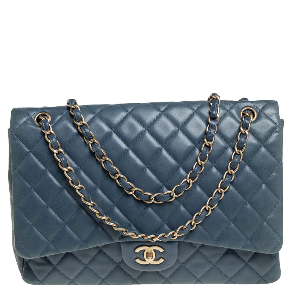 Pre Owned Chanel Blue Quilted Lambskin Leather Maxi Classic Single Flap Bag