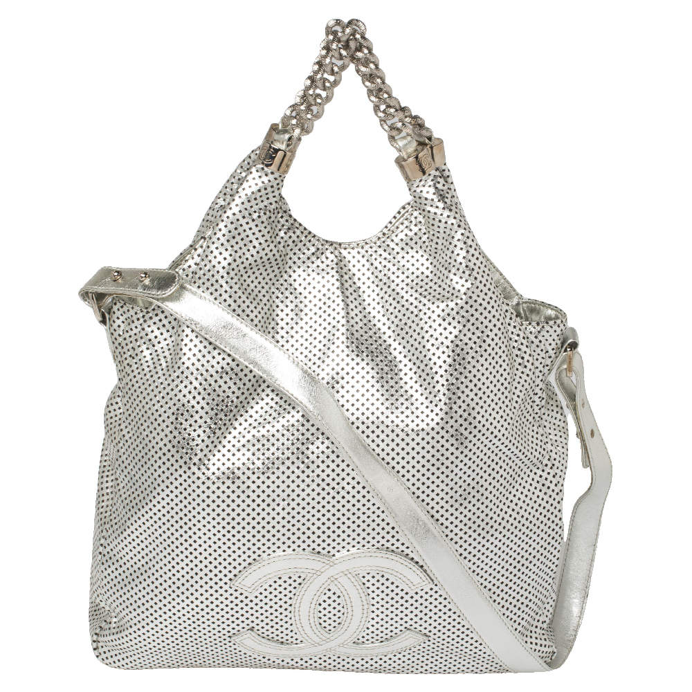 Chanel Silver Perforated Leather Large Rodeo Drive Hobo