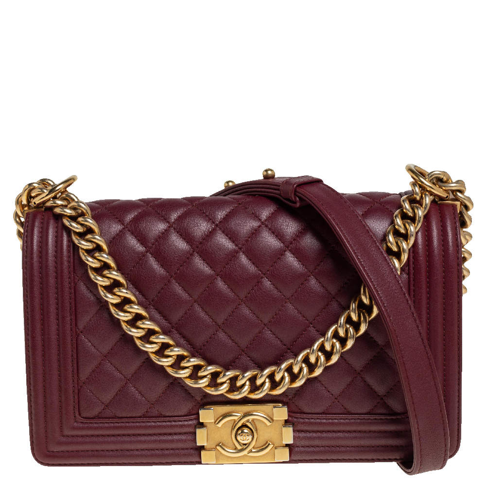 Pre Owned Chanel Maroon Quilted Leather Medium Boy Bag