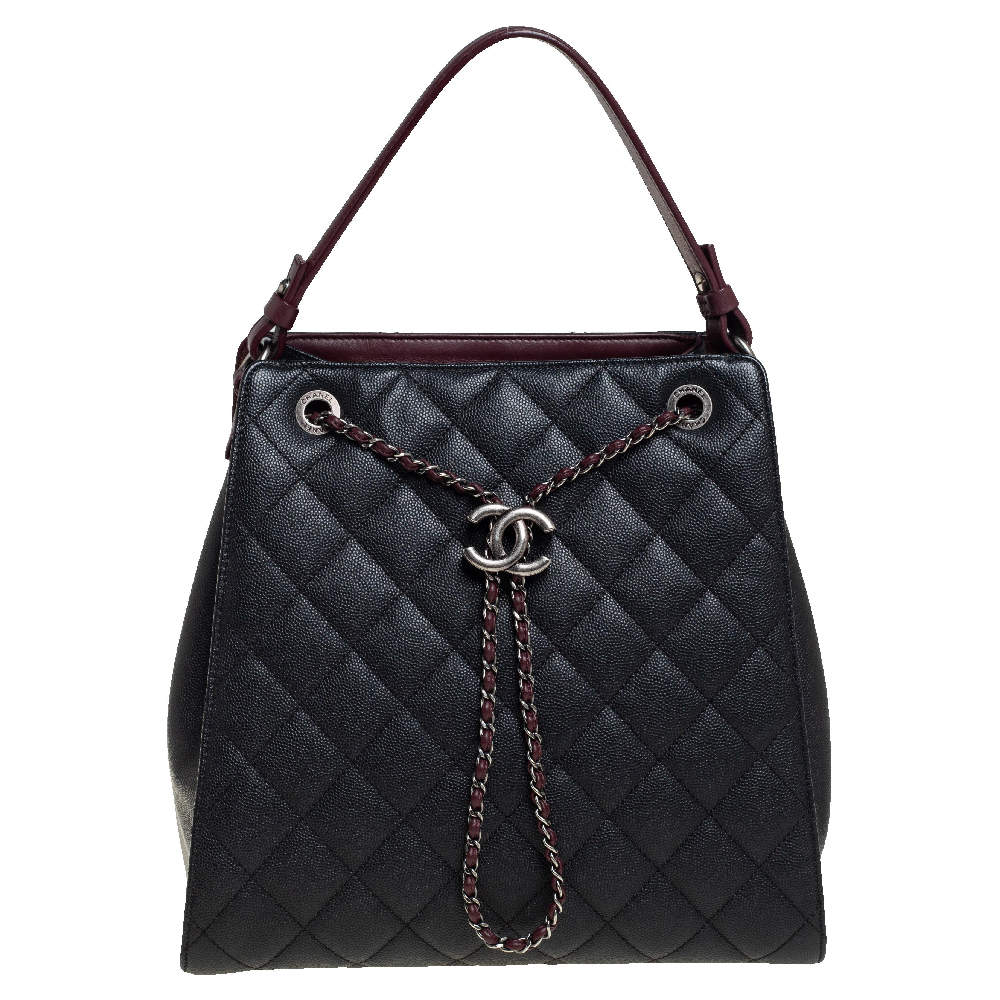 Chanel Black/Burgundy Quilted Caviar Leather Accordion Bucket Bag