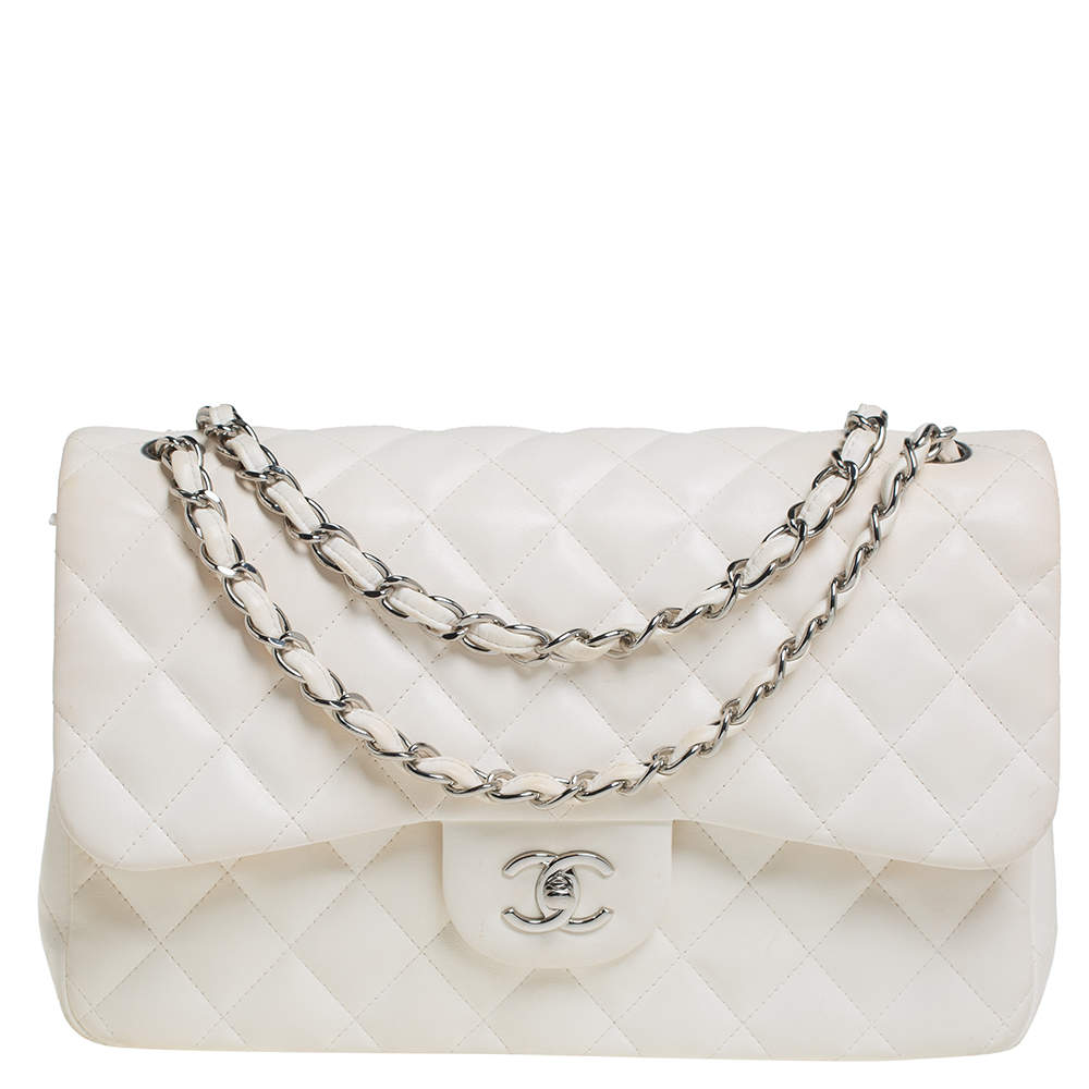 Chanel White Lambskin Quilted Leather Jumbo Classic Double Flap Bag