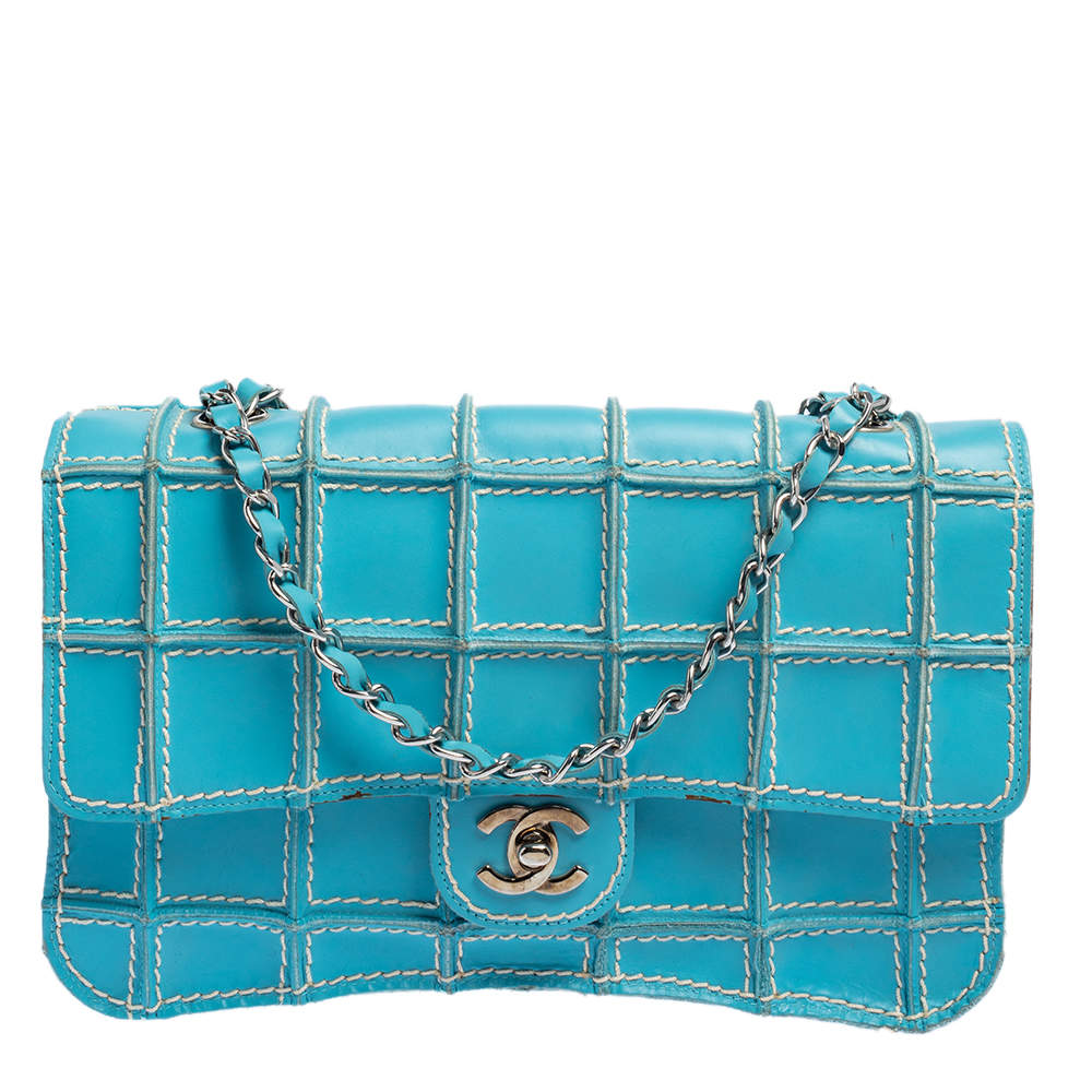 Pre Owned Chanel Blue Leather Vintage Reverse Stitch Flap Bag