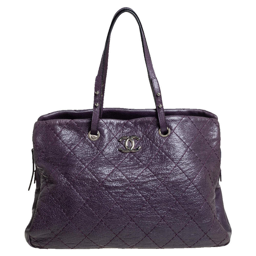 Pre Owned Chanel Purple Quilted Glazed Leather Large On the Road Tote Bag