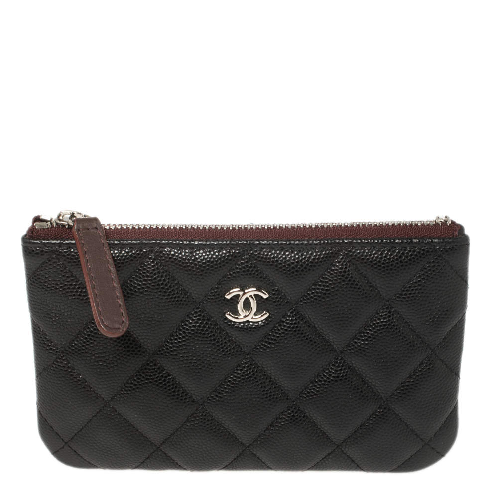 Pre Owned Chanel Black Quilted Caviar Leather Mini O-Case Zip Pouch