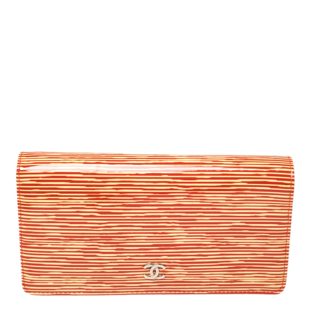 Chanel Orange Striped Patent Leather CC Wallet