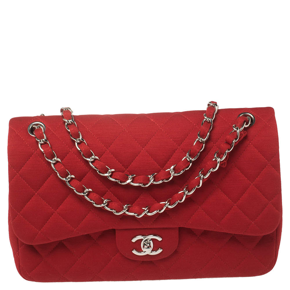 Pre Owned Chanel Red Quilted Jersey Jumbo Classic Double Flap Bag