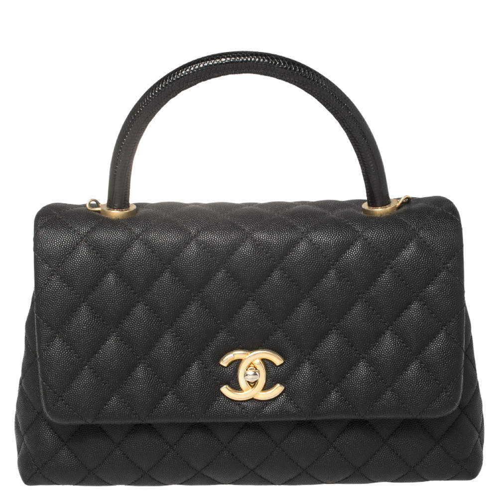 Pre Owned Chanel Black Caviar Leather and Lizard Medium Coco Top Handle Bag