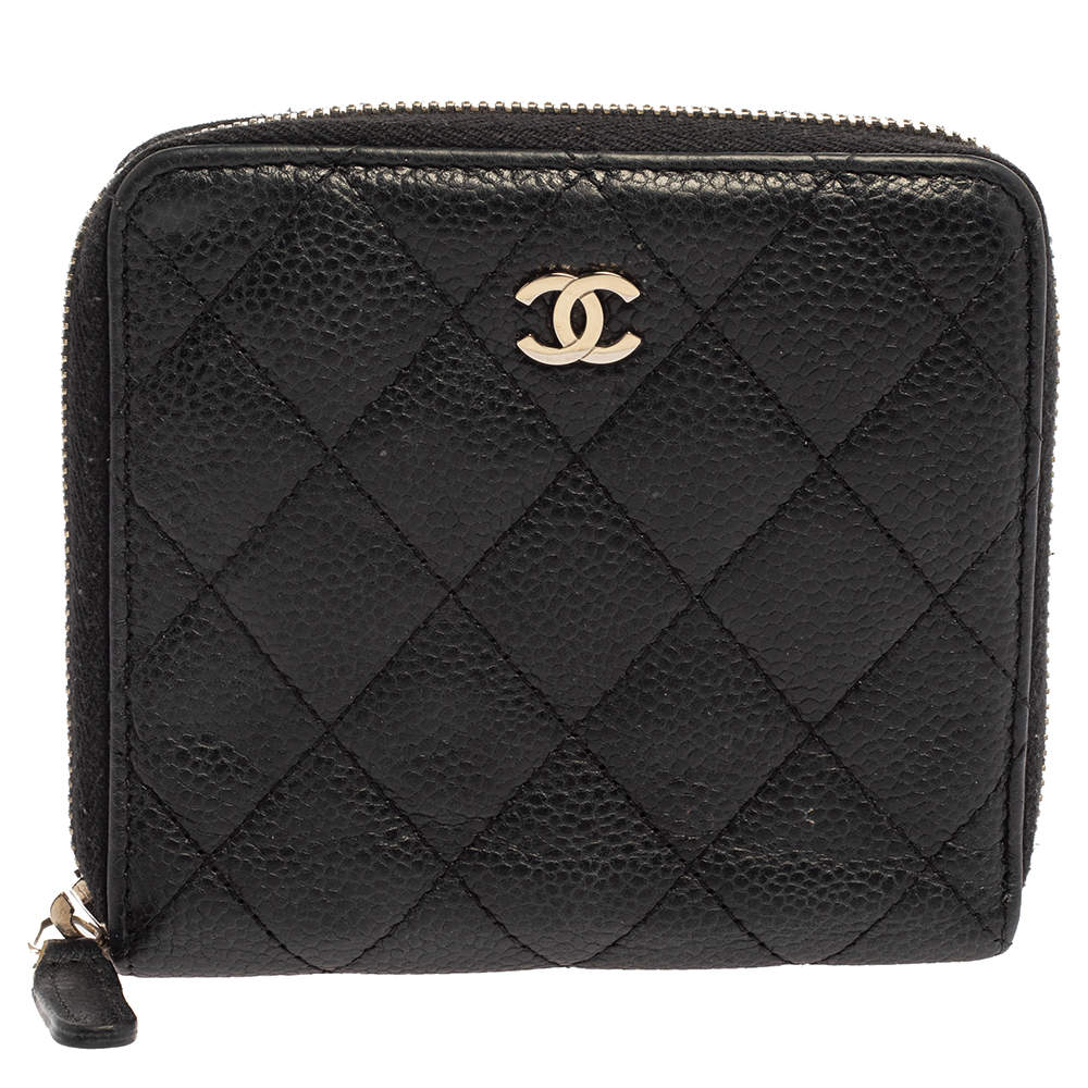 Pre Owned Chanel Black Caviar Leather Zip Around Compact Wallet