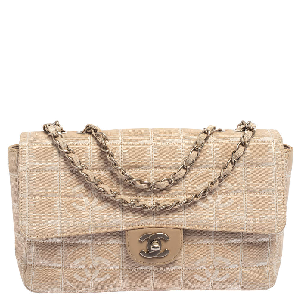 Chanel Beige Cube Quilted Printed Fabric Medium CC Travel Line Flap Bag