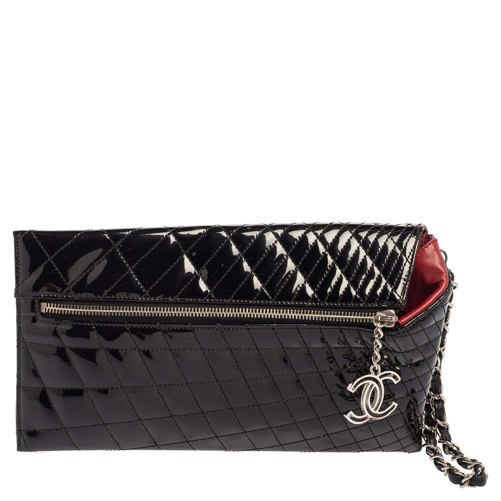 Pre Owned Chanel Black Quilted Patent Leather Gala Zip Clutch