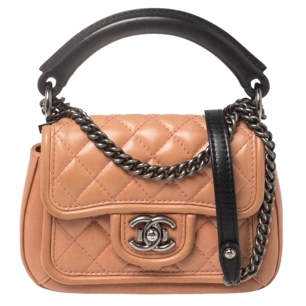 Pre Owned Chanel Peach/Black Quilted Leather Small Prestige Flap Bag