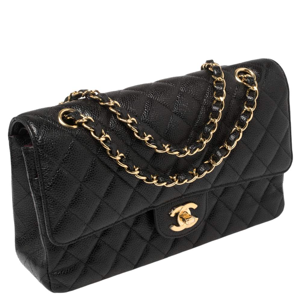 Chanel Black Quilted Caviar Leather Medium Classic Double Flap Bag Chanel